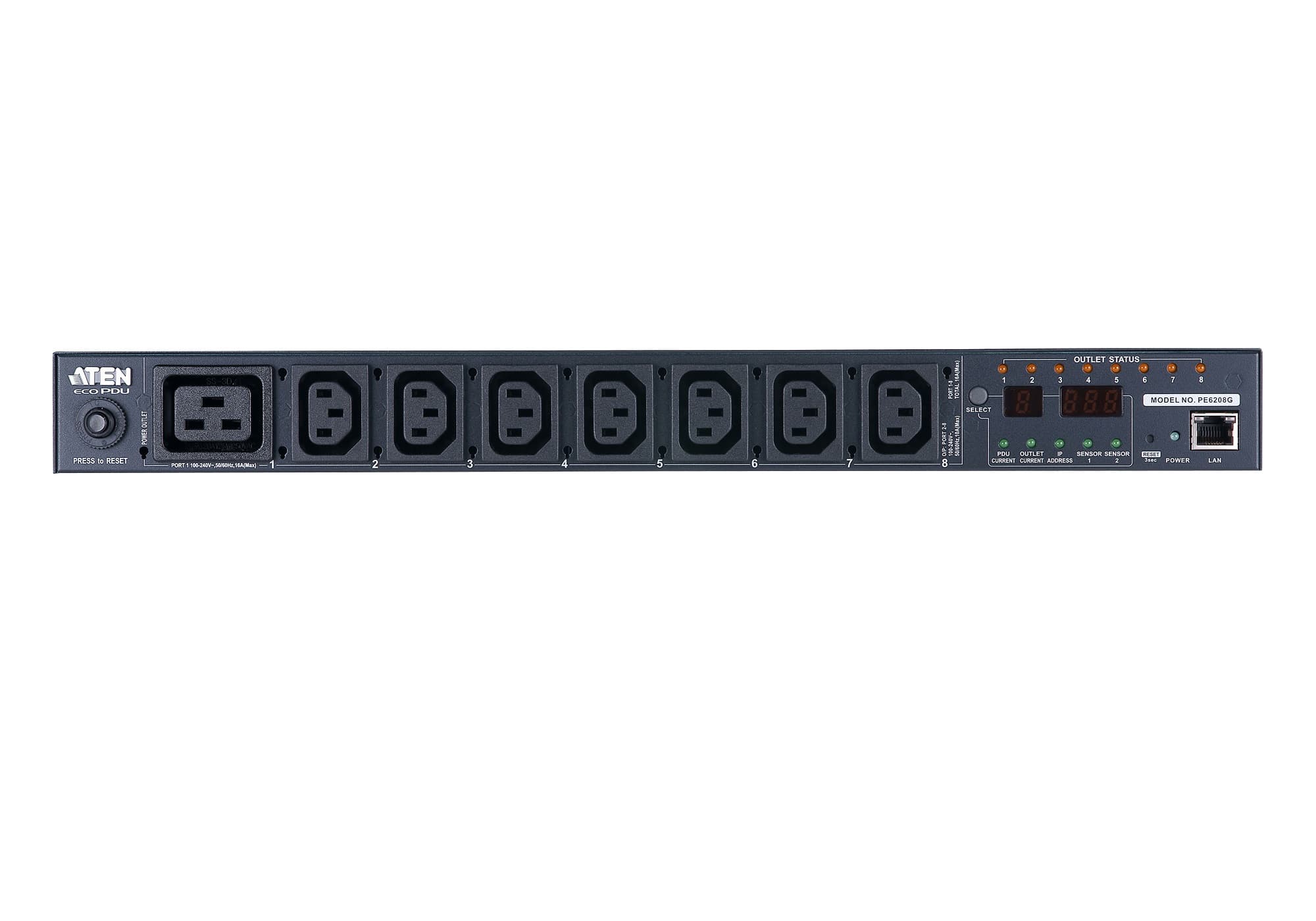ATEN ATEN 8 PORT 1U 16A SMART PDU, 7XC13 + 1XC19 OUTLETS PE6208G-ATA-G