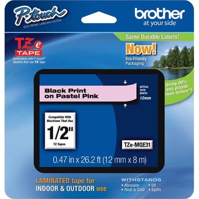 BROTHER BROTHER TZEMQE31 12MM BLACK ON PASTEL PINK TAPE 3444377