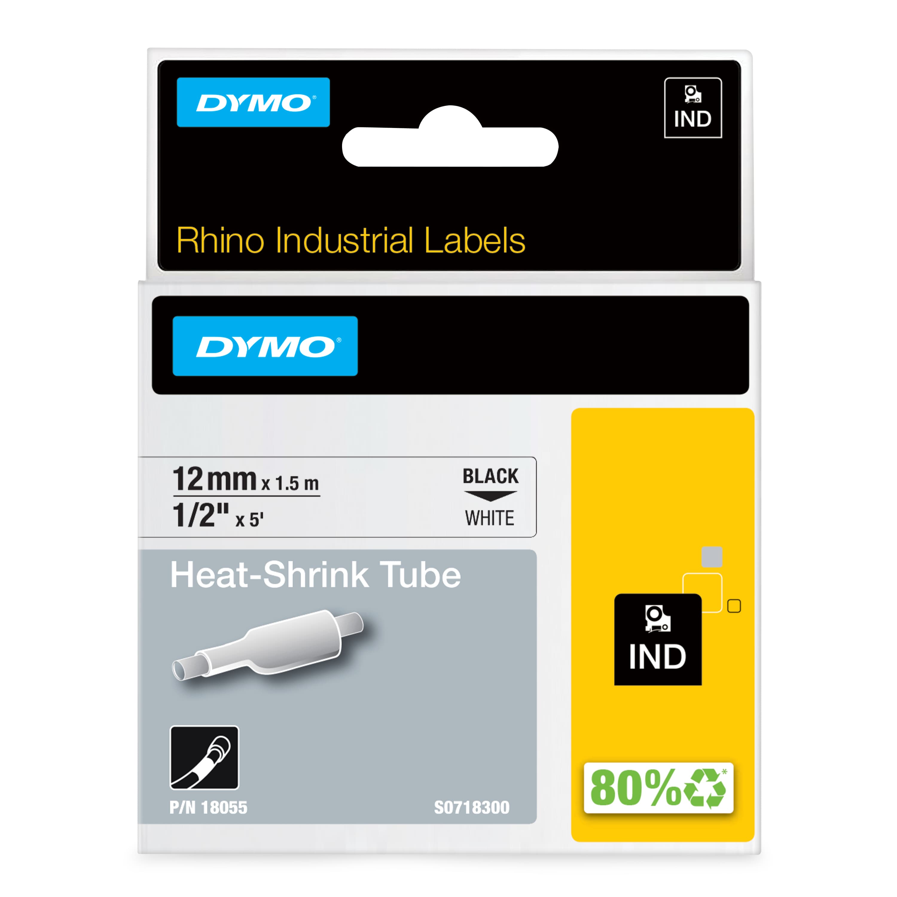 Dymo Rhino Heat Shrink 12mm x1.5m White with Black Text 18055 18055