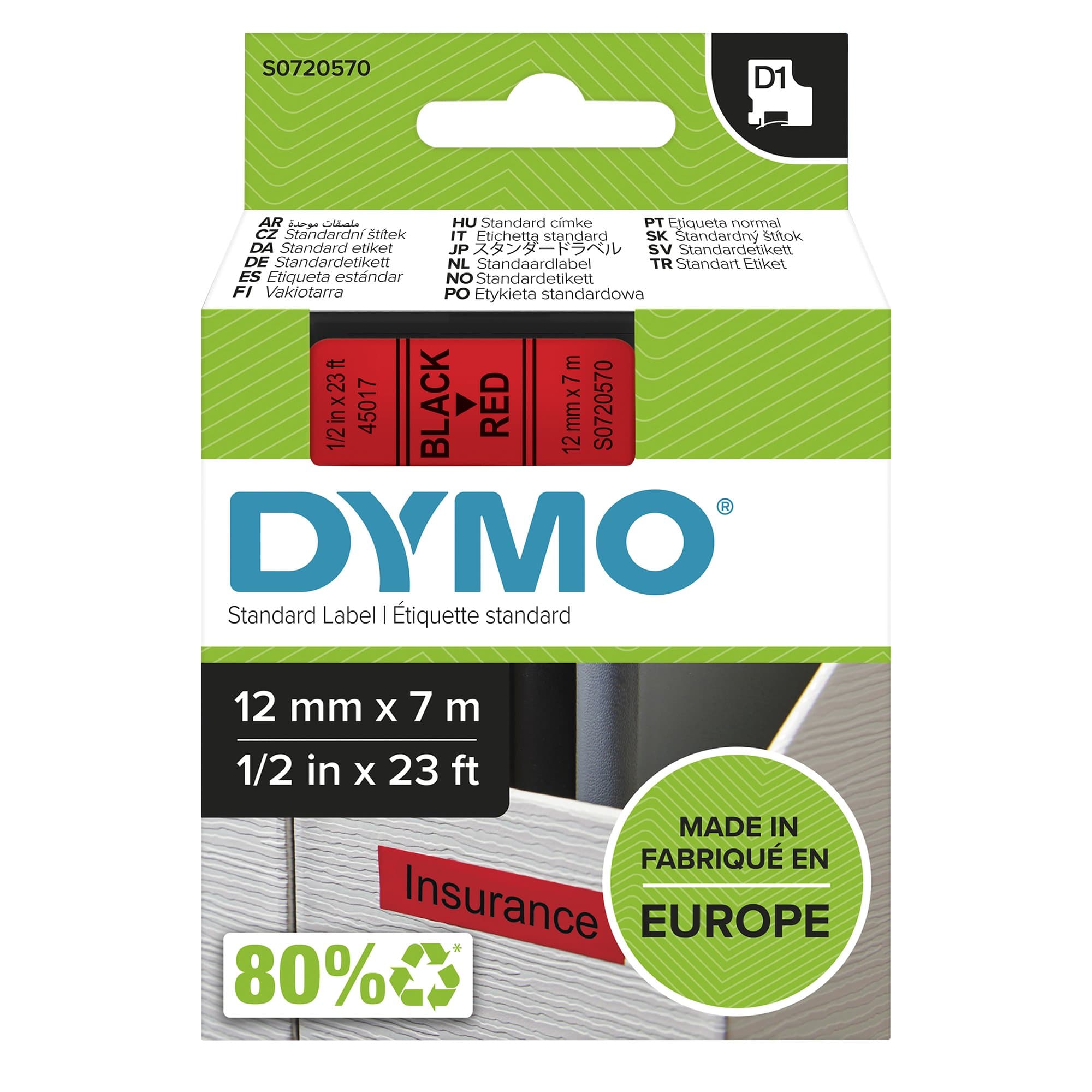 Dymo DYMO Genuine D1 Label Cassette Tape 12mm x 7M, Black on Red S0720570