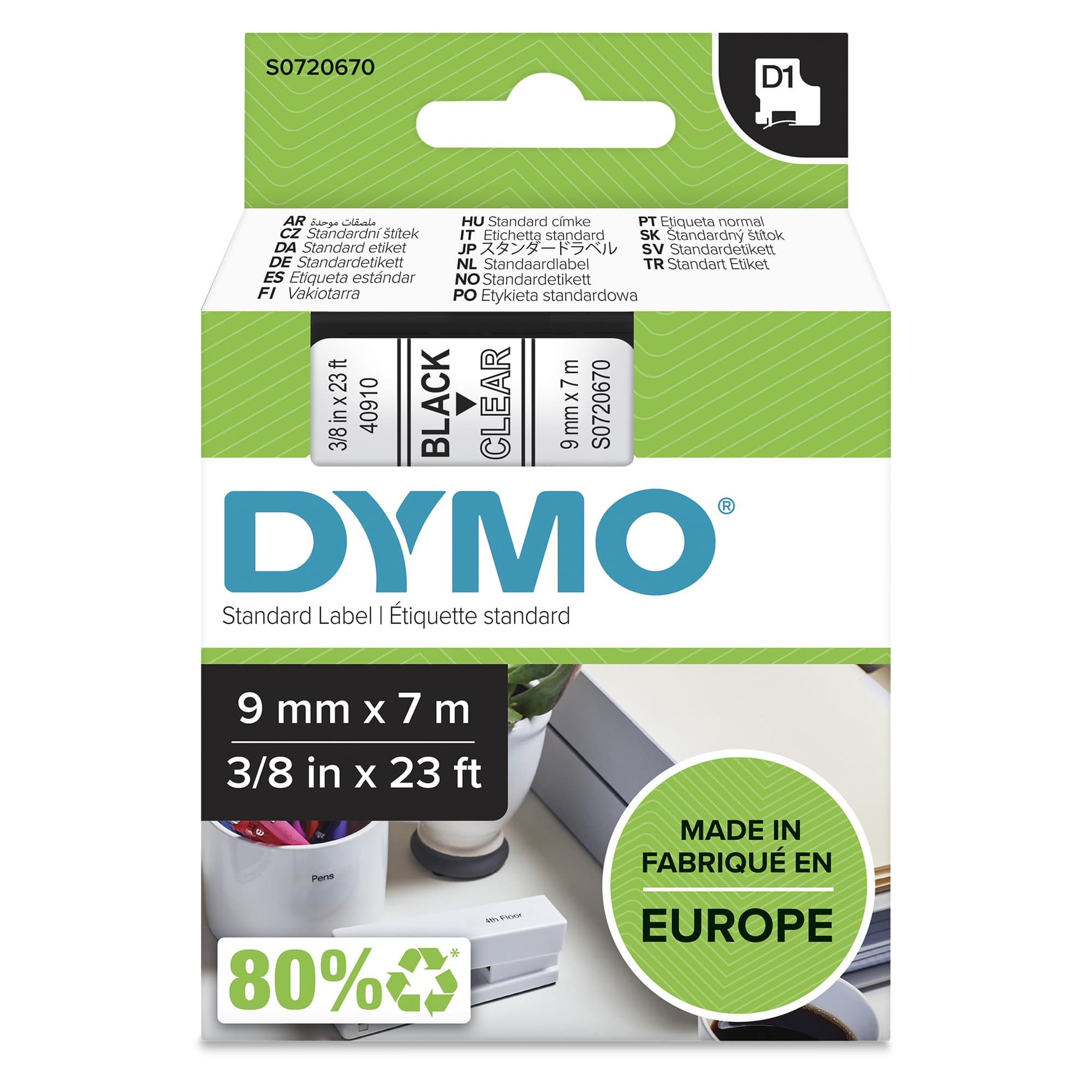Dymo DYMO Genuine D1 Label Cassette Tape 9mm x 7M, Black on Clear S0720670
