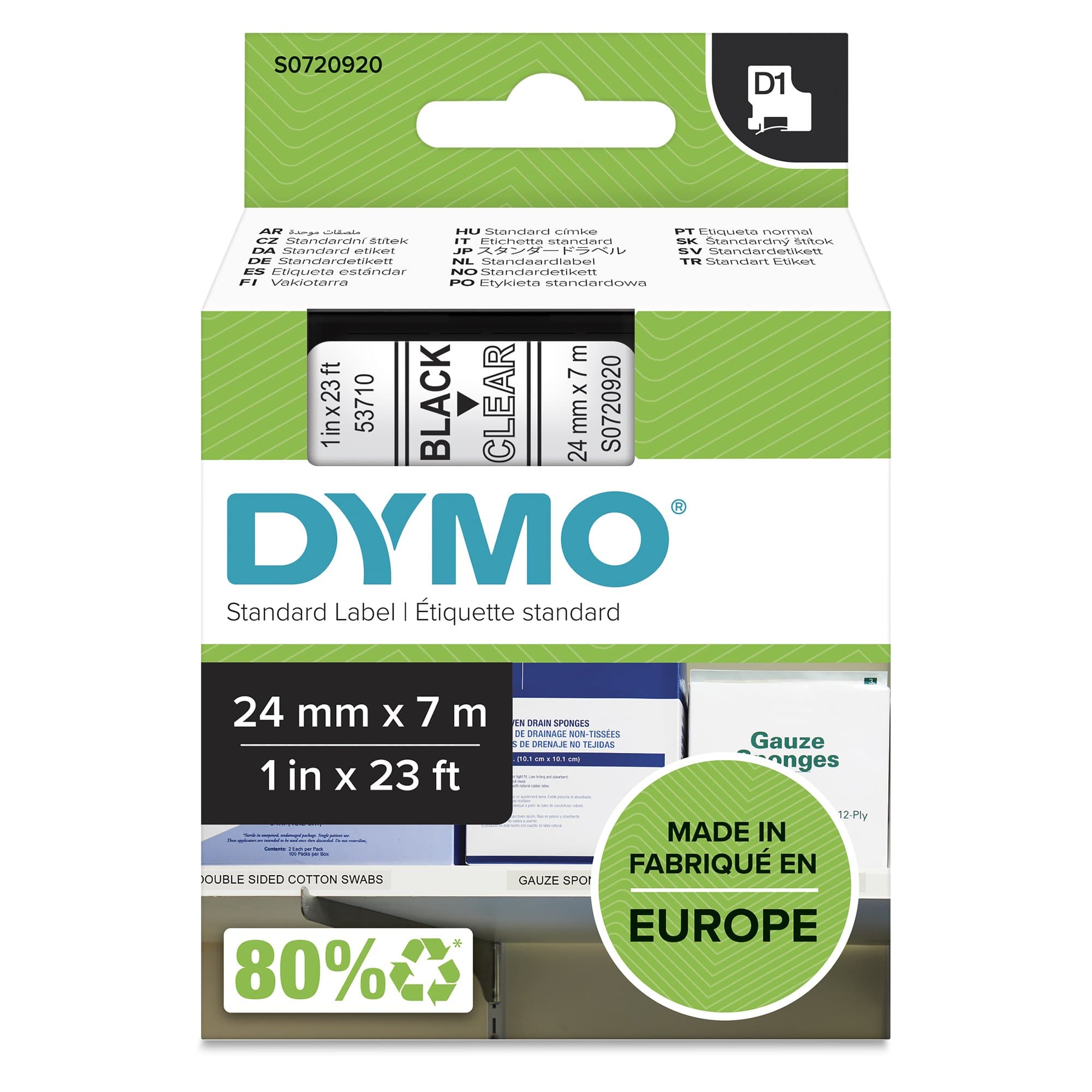 Dymo DYMO Genuine D1 Label Cassette Tape 24mm x 7M,  Black on Clear S0720920