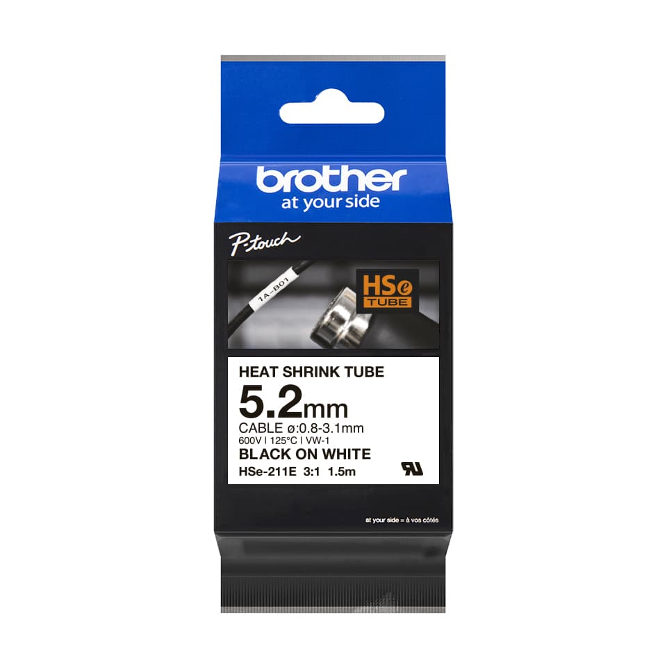 Brother Brother HSe-211E 5.2mm x 1.5m Black on White Heat Shrink Tape HSE211E