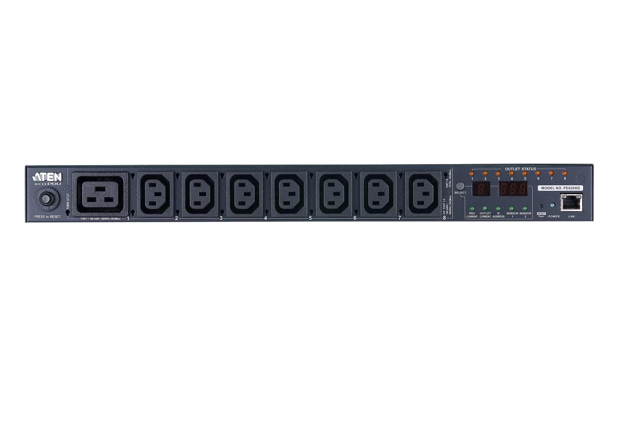 ATEN 8 PORT 1U 16A SMART PDU, 7XC13 + 1XC19 OUTLETS — ATEN