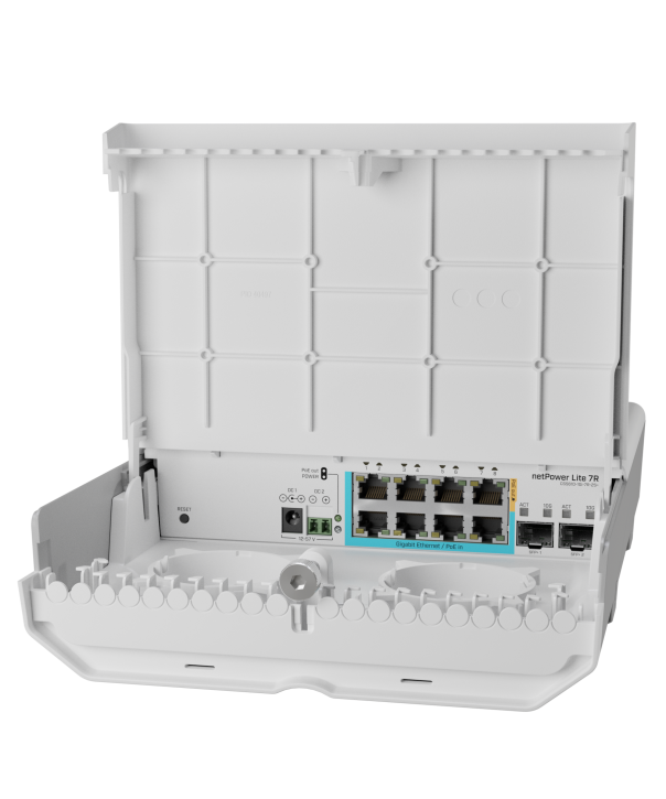 MikroTik netPower Lite 7R Reverse PoE switch with Gigabit Ethernet and 10G SFP+ ports — MikroTik