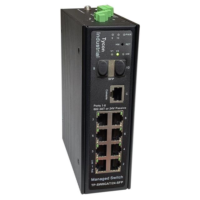 Tycon Power Managed 8 Port Industrial PoE Switch, 2 x 1Gb SFP, Ports 1-8 24/48V Passive or 802.3at PoE, 30W — Tycon Systems
