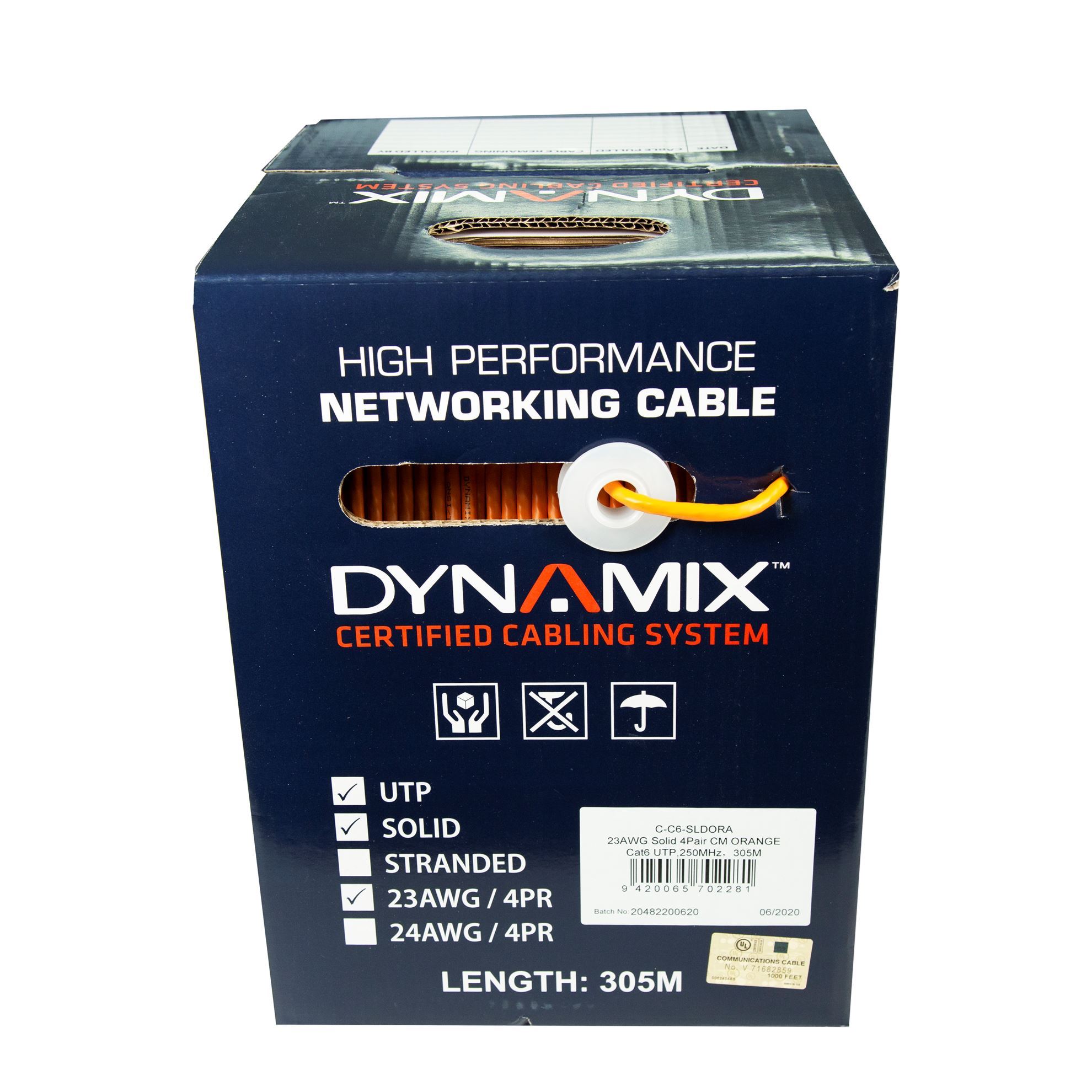 DYNAMIX 305m Cat6 Orange UTP SOLID Cable Roll, 250MHz, 23AWGx4P, PVC — Dynamix