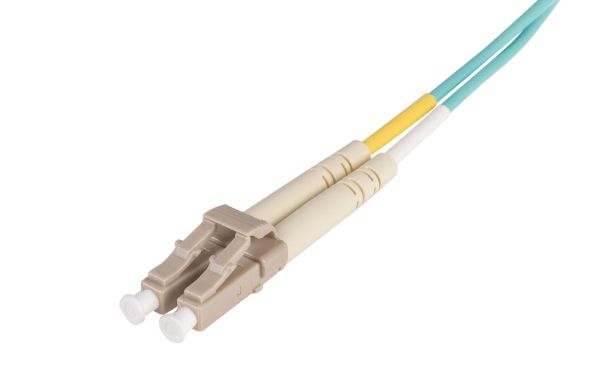 15M 50u LC/LC OM4 Fibre Lead Duplex Multimode Aqua LSZH Jacket — Dynamix