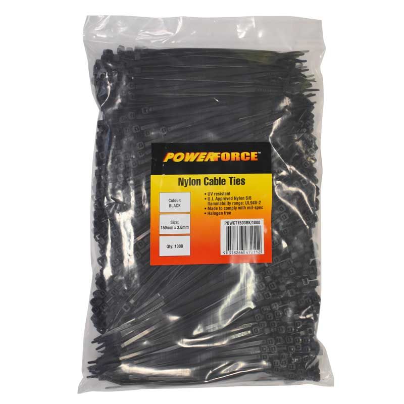 3.6 X 150mm Black UV Cable Ties Pack Of 1000 18kgs Tensile Strength — POWERFORCE