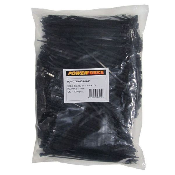4.8 X 200mm Black UV Cable Ties Pack Of 1000 22kgs Tensile Strength — POWERFORCE