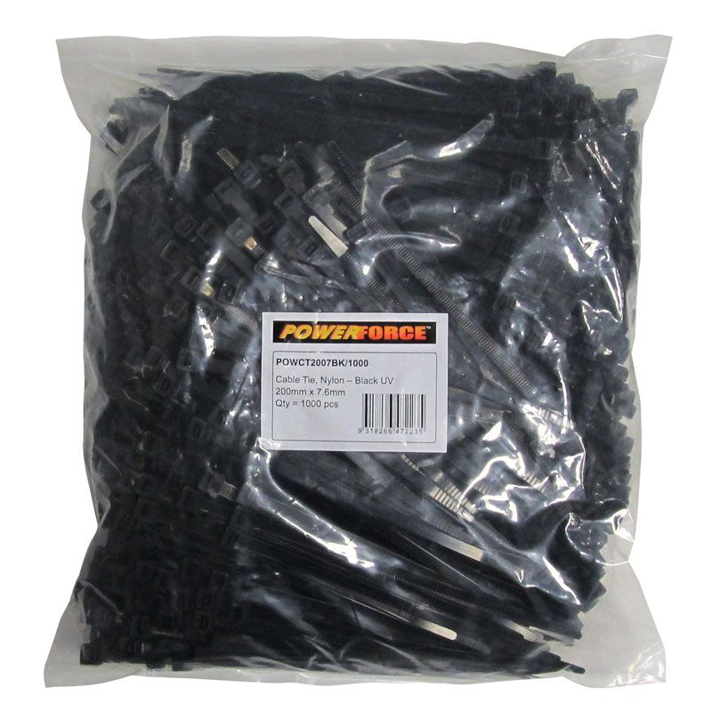 7.6 X 200mm Black UV Cable Ties Pack Of 1000 55kgs Tensile Strength — POWERFORCE