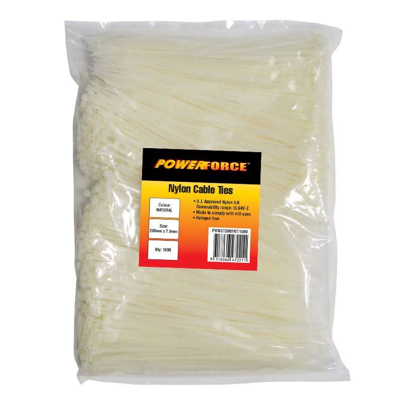 7.6 X 200mm Natural Cable Ties Pack Of 1000 55kgs Tensile Strength — POWERFORCE