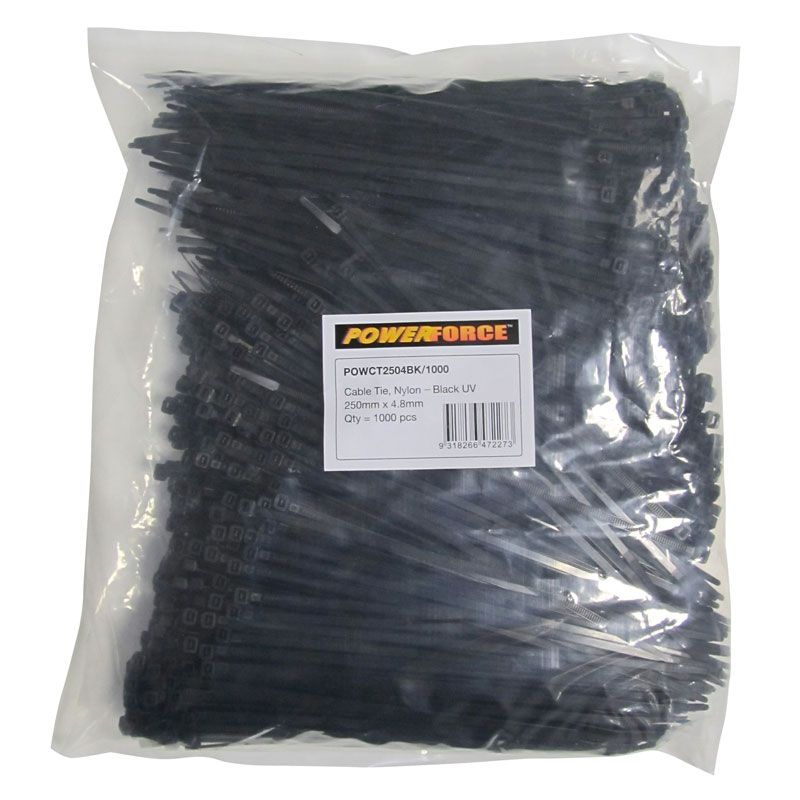 4.8 X 250mm Black UV Cable Ties Pack Of 1000 22kgs Tensile Strength — POWERFORCE