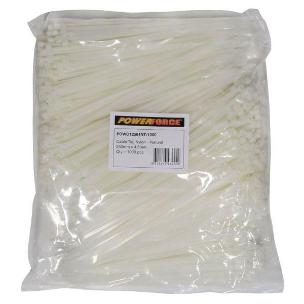 4.8 X 250mm Natural Cable Ties Pack Of 1000 22kgs Tensile Strength — POWERFORCE