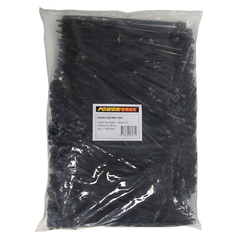 7.6 X 280mm Black UV Cable Ties Pack Of 1000 55kgs Tensile Strength — POWERFORCE