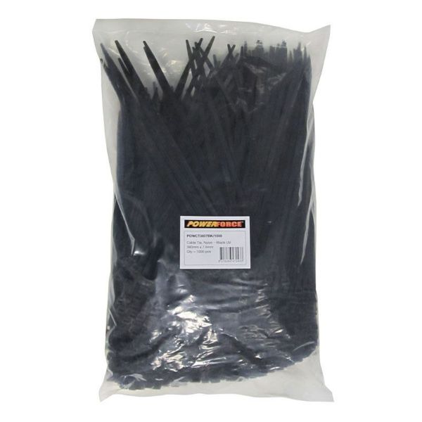 7.6 X 380mm Black UV Cable Ties Pack Of 1000 55kgs Tensile Strength — POWERFORCE
