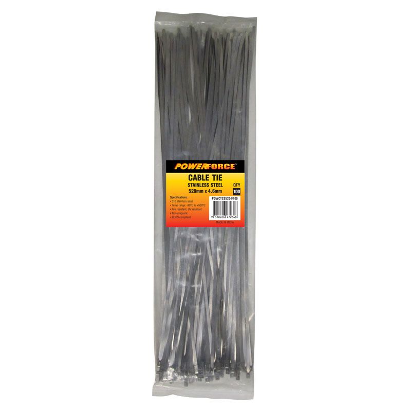 4.6 X 520mm 316L Stainless Steel Cable Ties Pack Of 100 667N/68kgs Tensile Strength — POWERFORCE