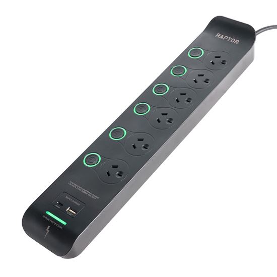 Raptor Individually Switched 6 Way Surge Protected Powerboard — Jackson