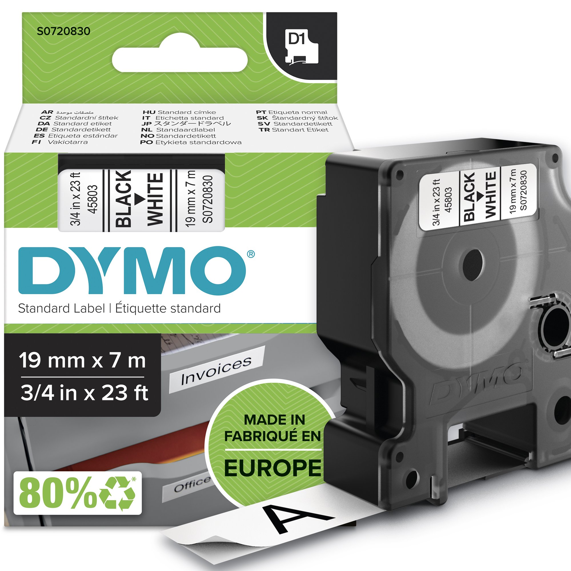 DYMO Genuine D1 Label Cassette Tape 19mm x 7M, Black on White — Dymo