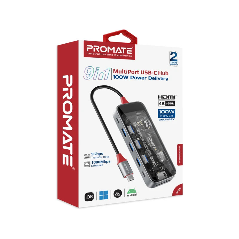 PROMATE 9-in-1 USB Multi-Port Hub with USB-C Connector. Includes 100W — Promate