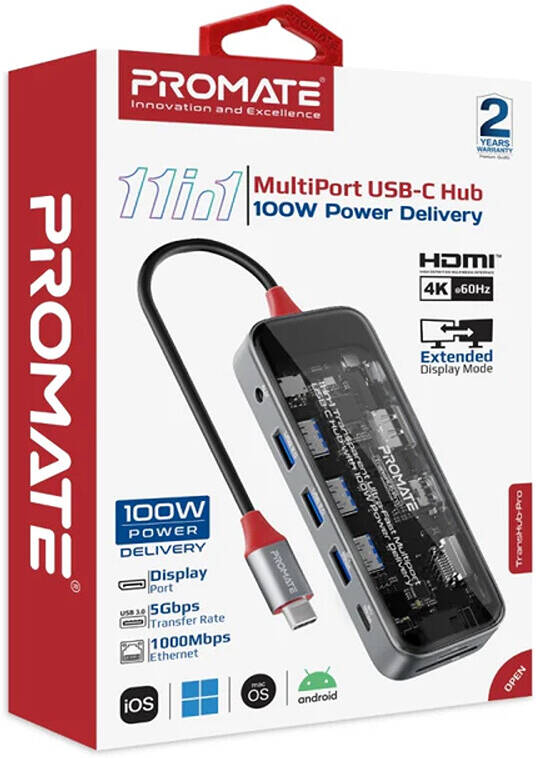 PROMATE 11-in-1 USB Multi-Port Hub with USB-C Connector. Includes 100W — Promate