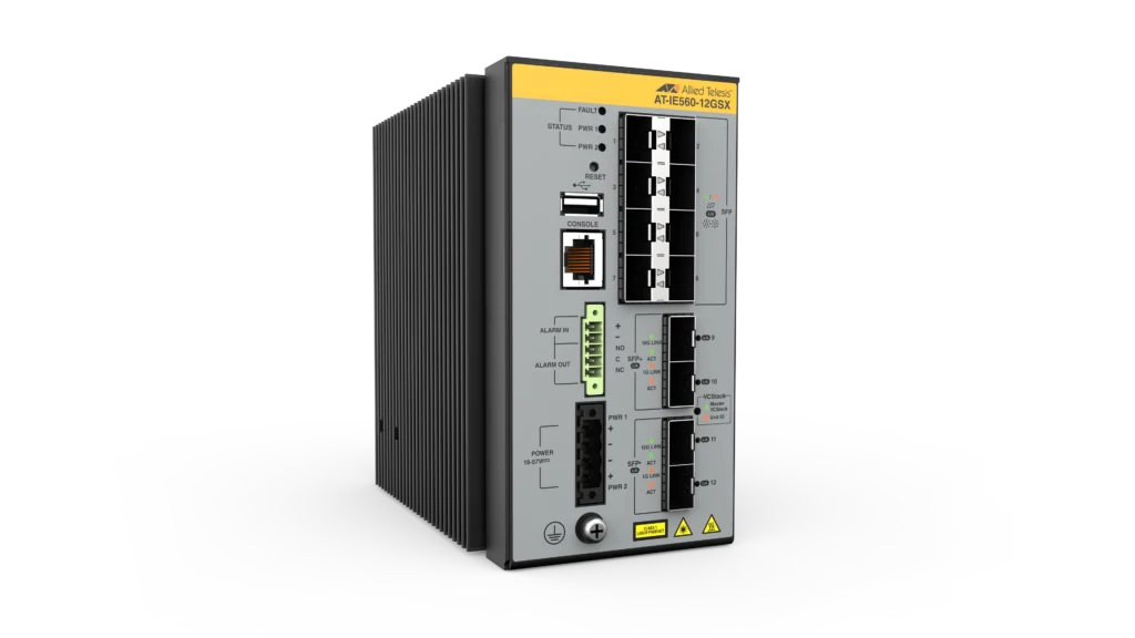 AT-IE560-12GSX-980 8x 100/1000X SFP- 4x 1G/10G SFP+- Industrial Ethernet- Stackable Layer 3 Switch (TAA compliant) — Allied Telesis
